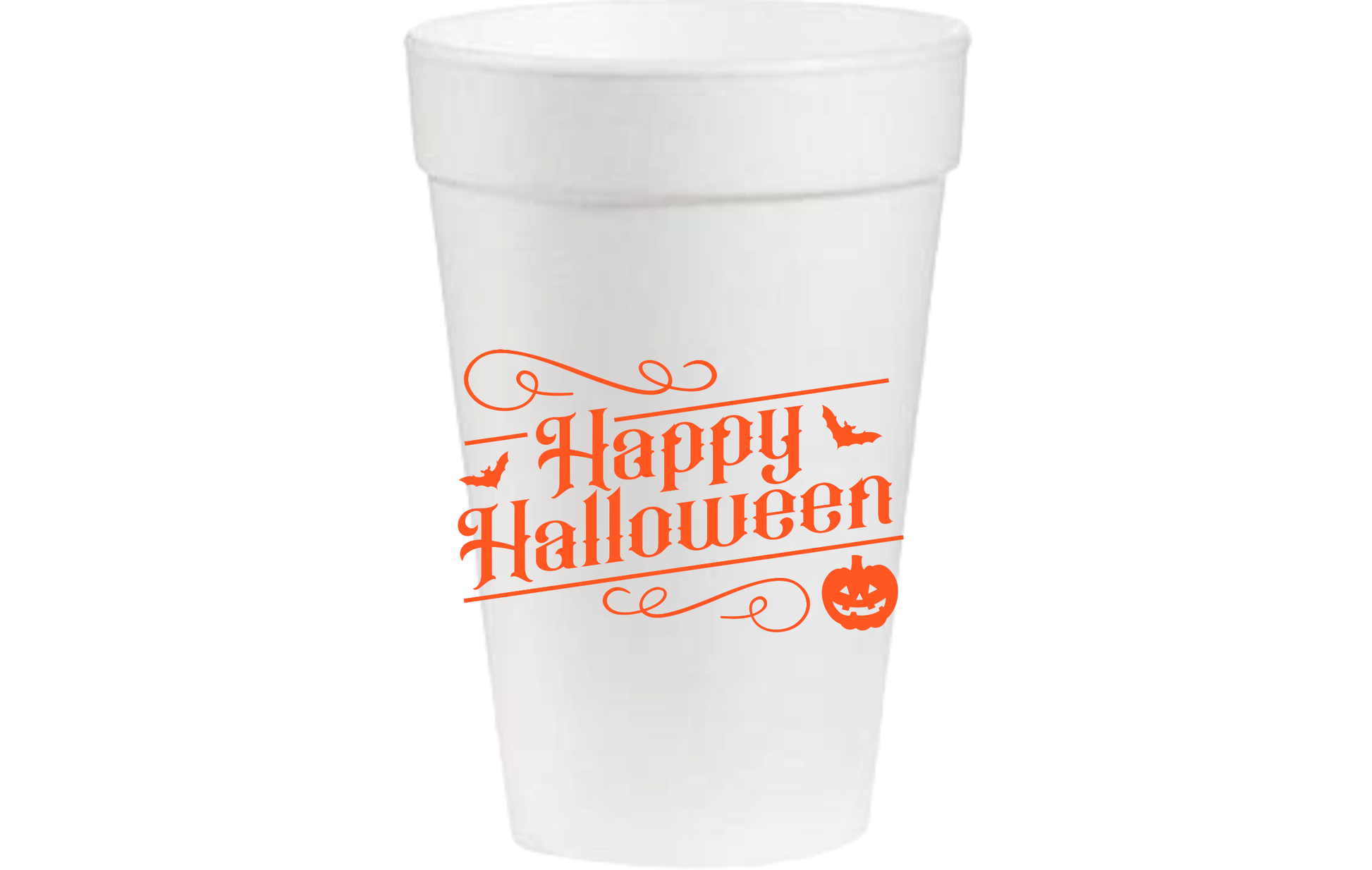 A white cup with the Happy Halloween - 16oz Styrofoam Cups from Pink Machine brand with the words happy halloween on it.