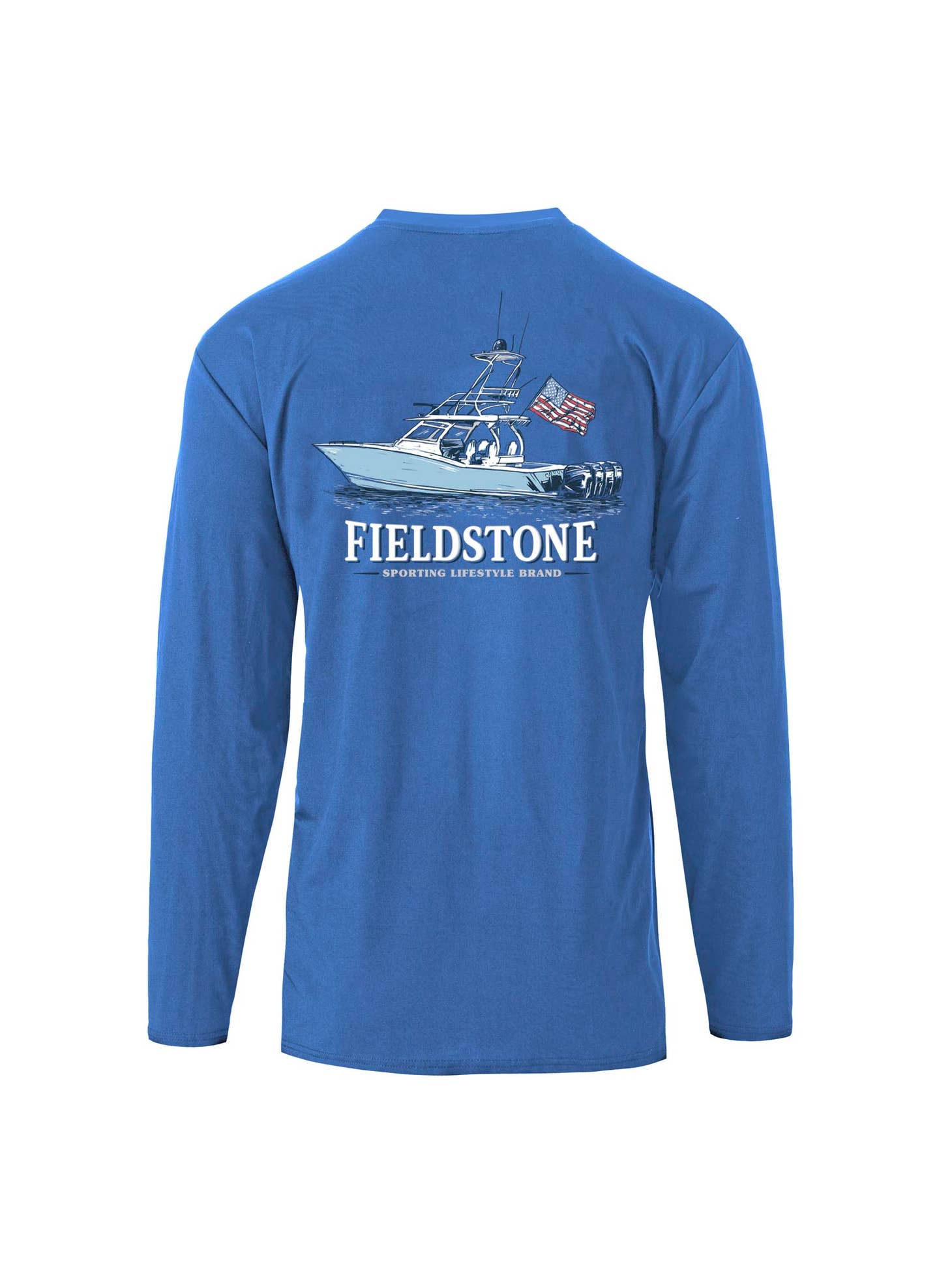 A Fieldstone Outdoor Provisions Co. L/S Performance Saltwater shirt with a boat on it.