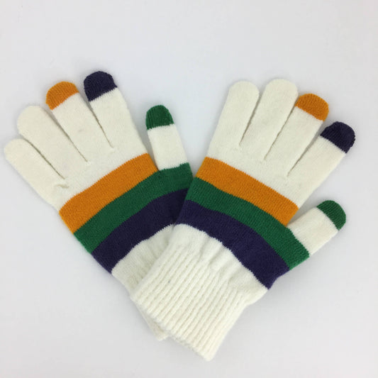 A pair of Mardi Gras striped touch screen gloves white by SongLily on a surface.