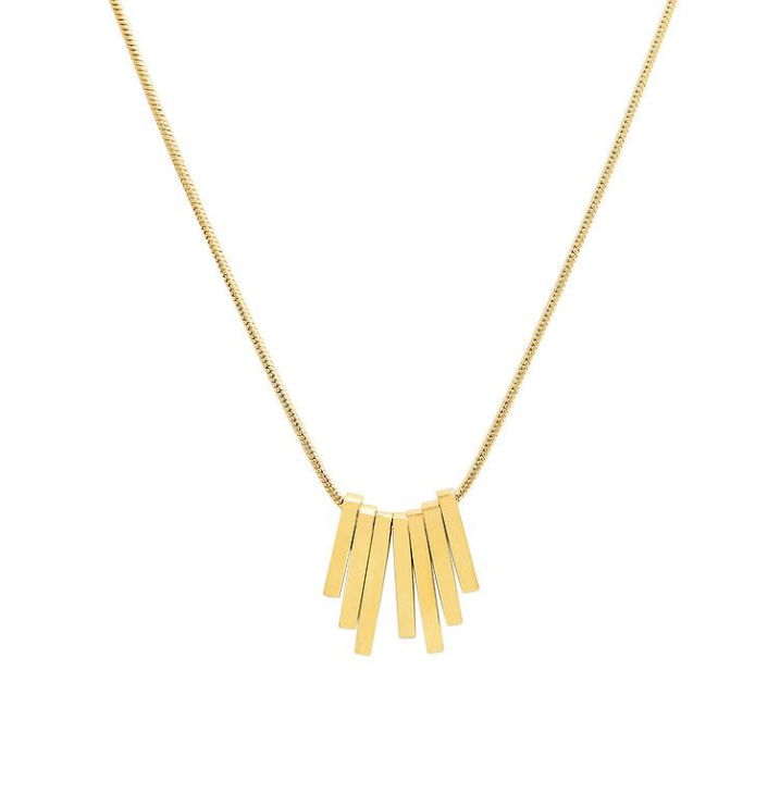A Timeless Necklace from 3Souls Company with five bars hanging from it.