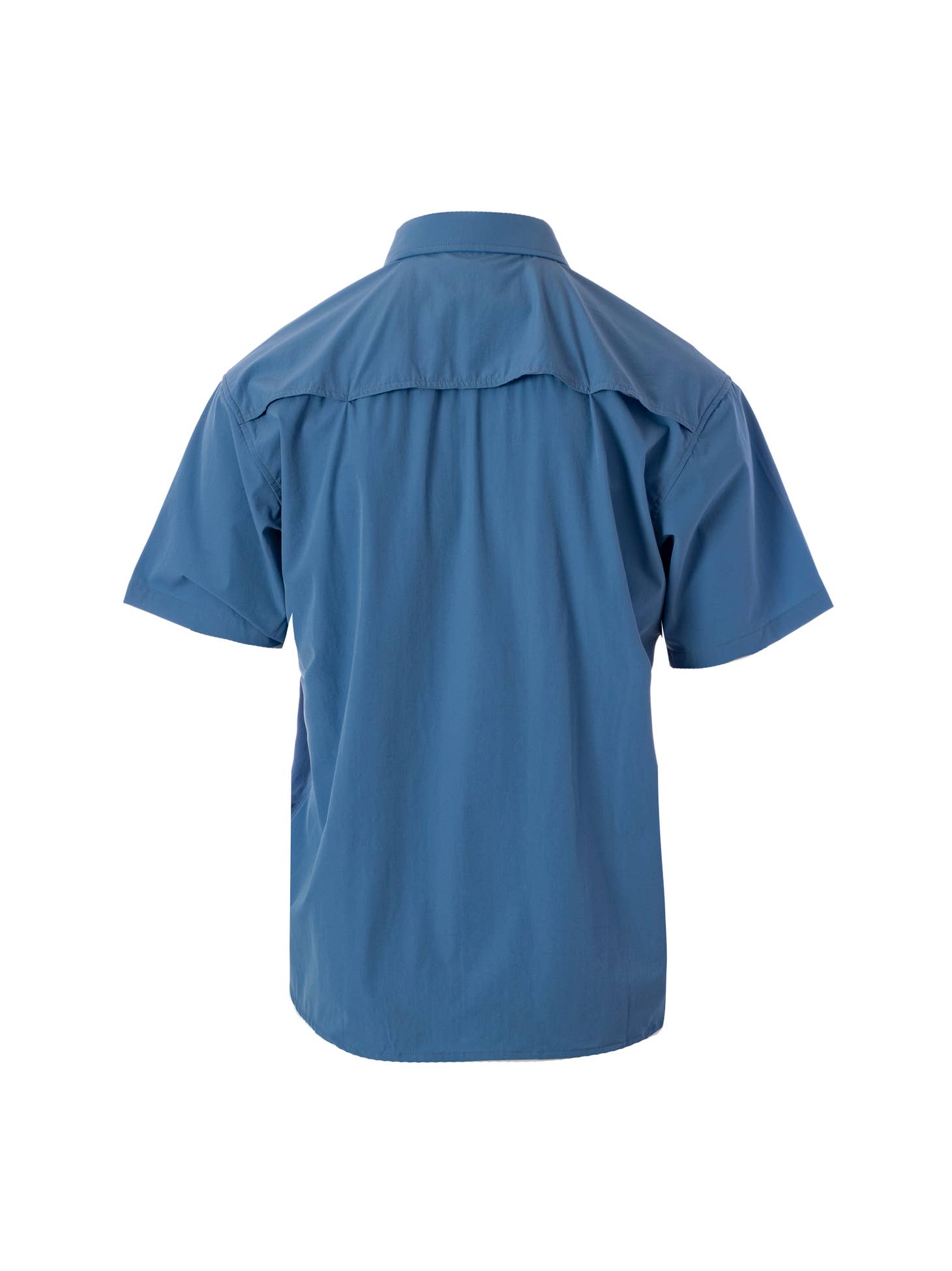 The Fieldstone Outdoor Provisions Co. Sportsman Button Down, a lightweight performance shirt for fishing trips, featuring a back view of a blue men's short sleeve shirt.