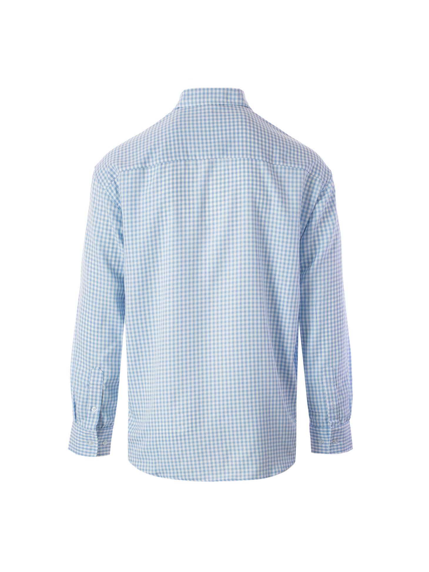 A Fieldstone Outdoor Provisions Co. L/S Braxton Button Down shirt in blue and white checkered pattern on a white background.