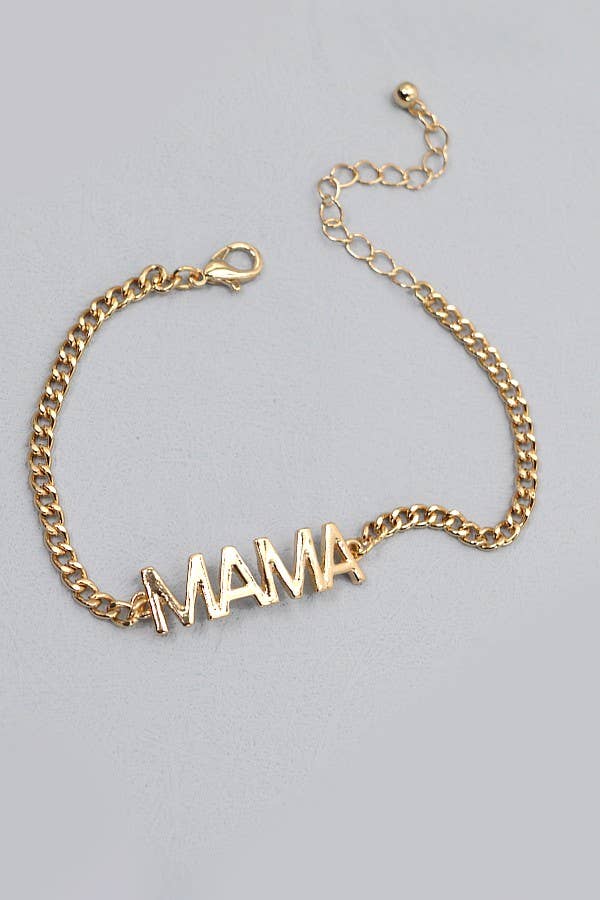 A beautiful accessory for motherhood, the Wall To Wall Accessories Mama Bracelet (31B23076: Gold) is a gold chain bracelet adorned with the word mama.