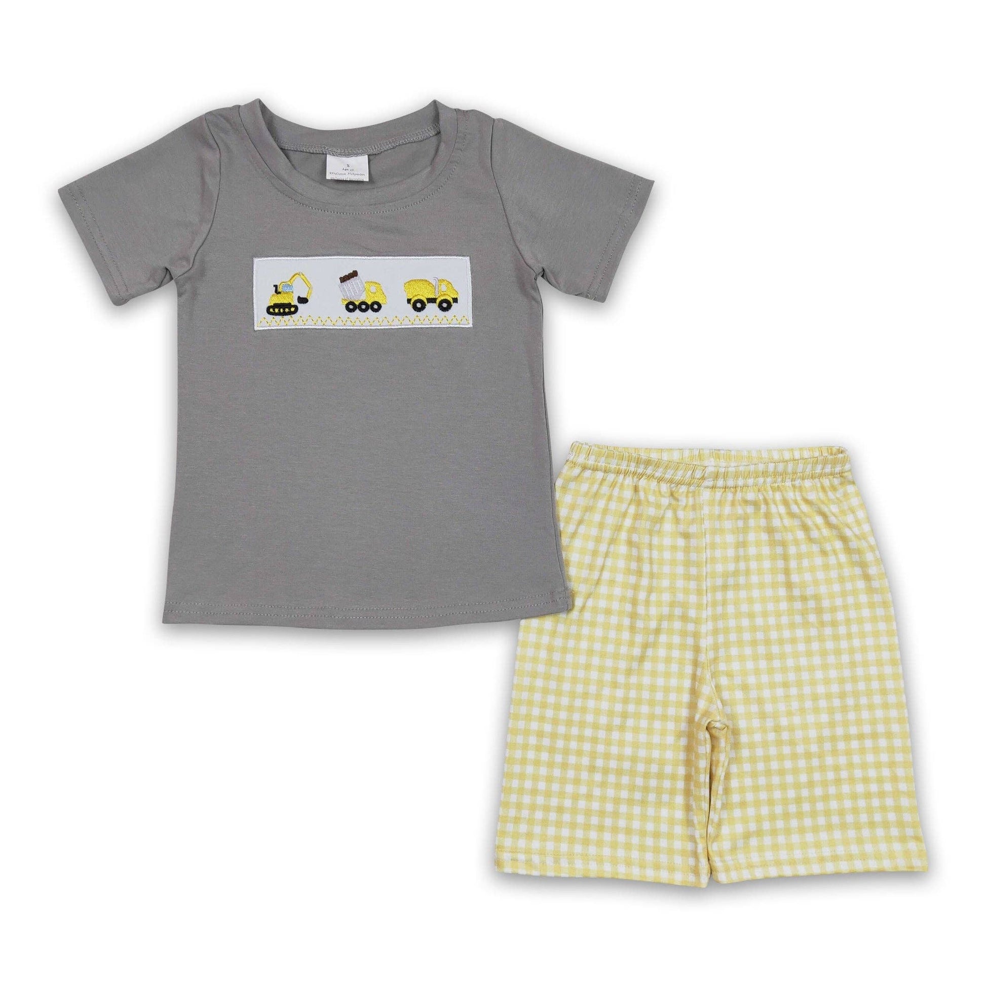 A gray and yellow engineering vehicle embroidery boy outfits pajama set from Yawoo Garments for a baby.
