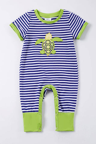 Blue Stripe Sea Turtle Applique Boy Romper boys romper    - Chickie Collective