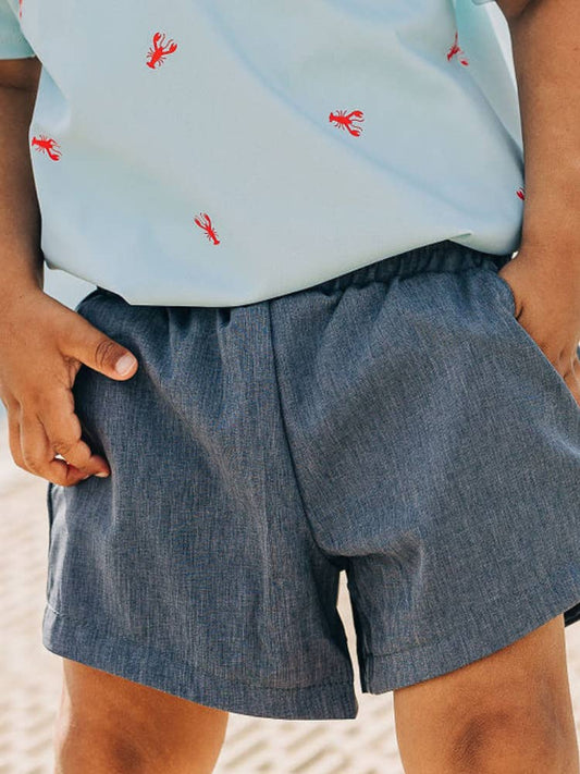 A little boy that is standing up with his hands in his pockets wearing Sugar Bee Clothing's Chambray Boys Shorts.