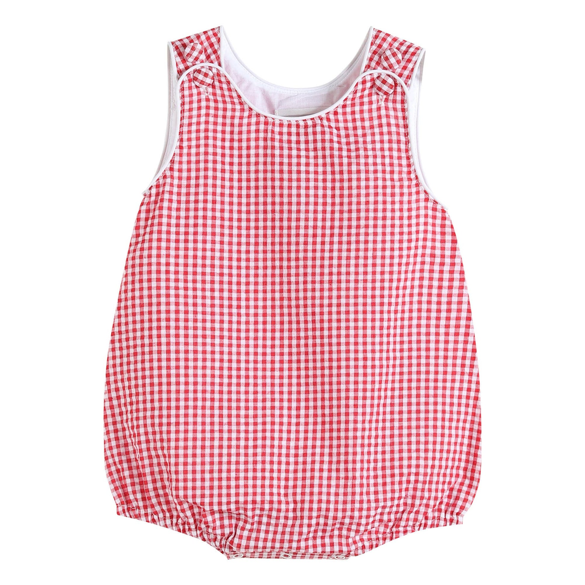 A Lil Cactus Classic Red Seersucker Baby Bubble Romper with a red and white checkered pattern.