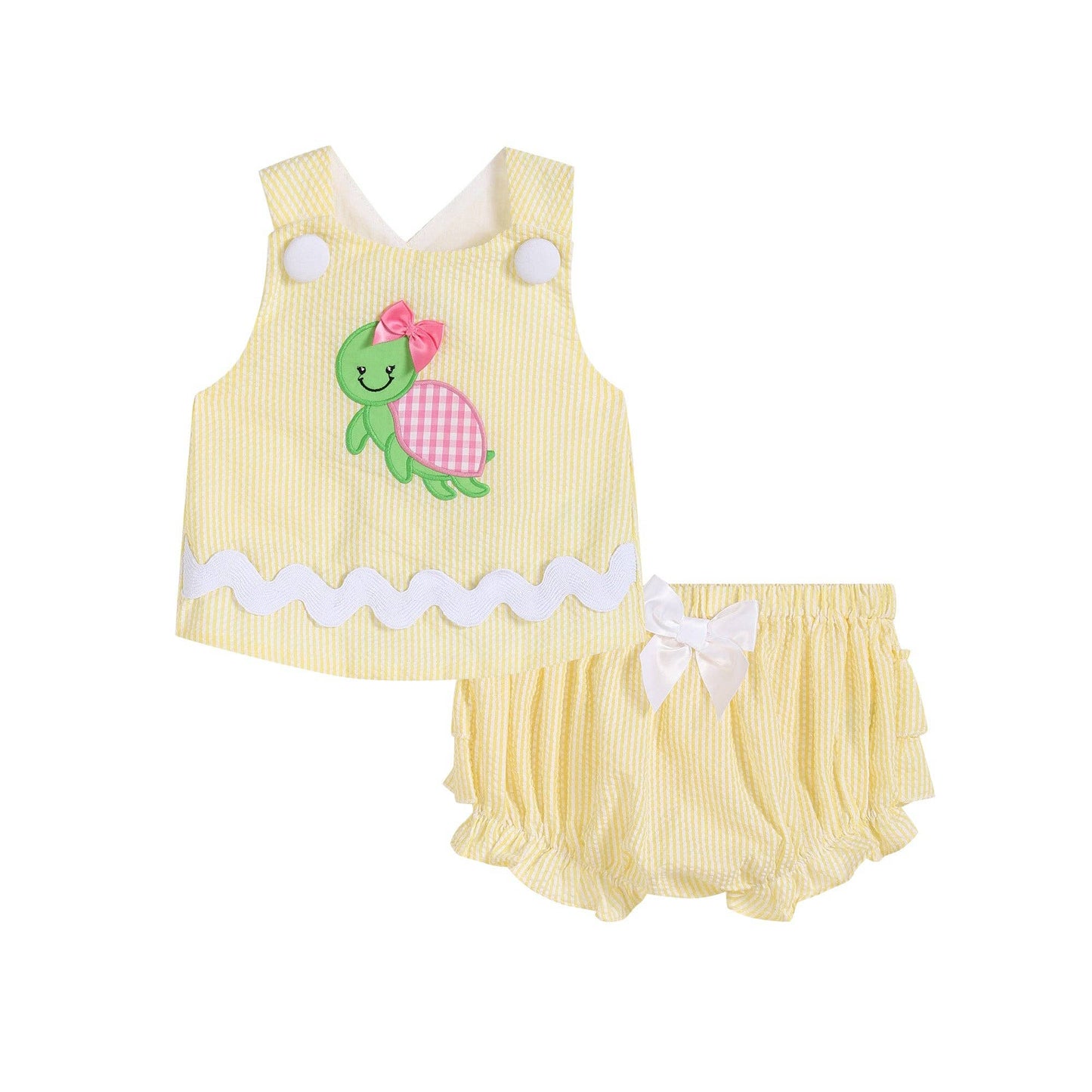 A baby girl's Yellow Seersucker Turtle 2pc Baby Bloomer Set: 12-18M with a turtle applique, made from soft cotton material by Lil Cactus.