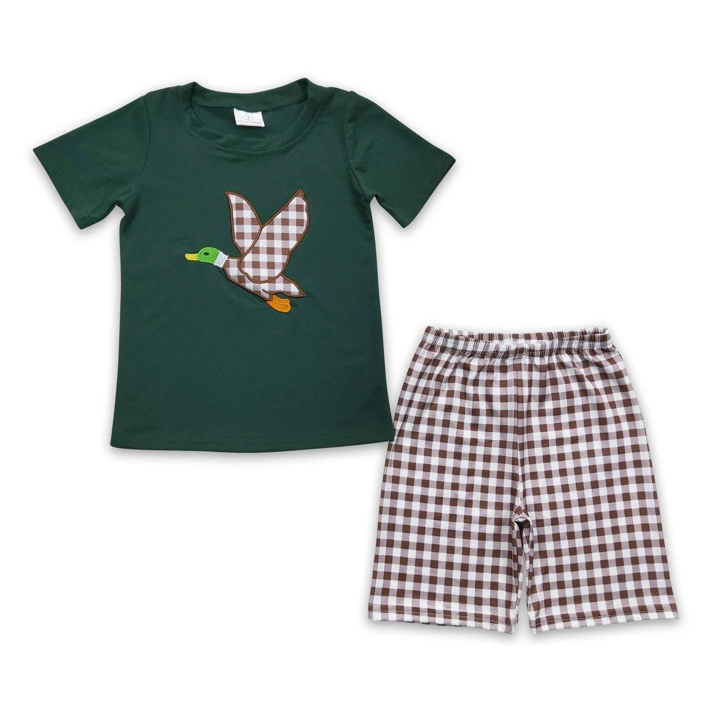 A Yawoo Garments duck embroidery cotton shirt brown shorts boy outfits with a duck on it.