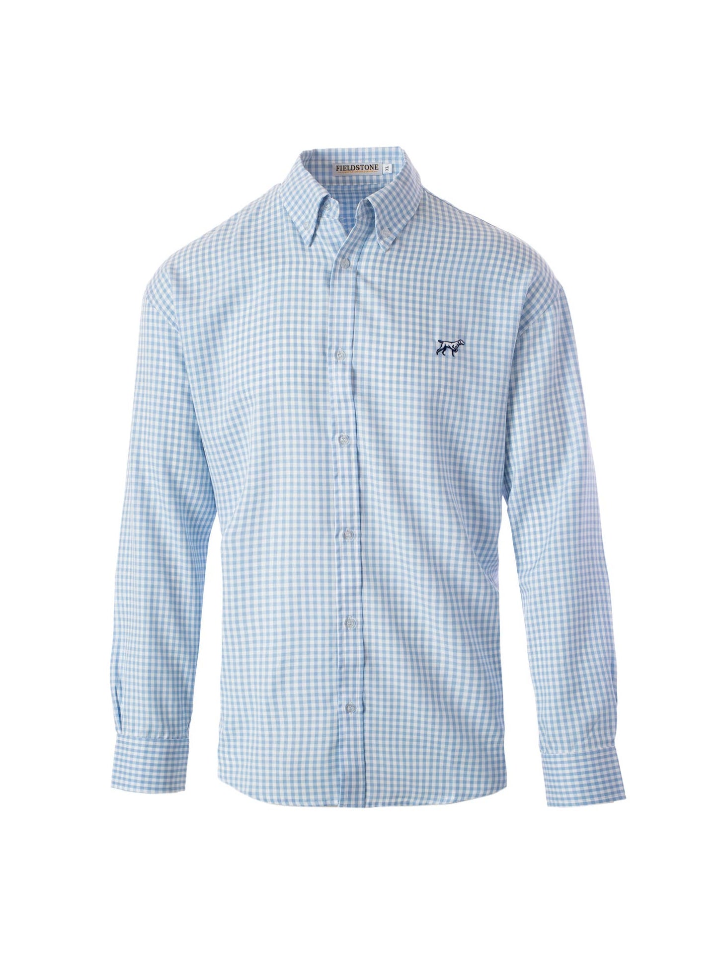 A Fieldstone Outdoor Provisions Co. L/S Braxton Button Down shirt in blue and white check on a white background.