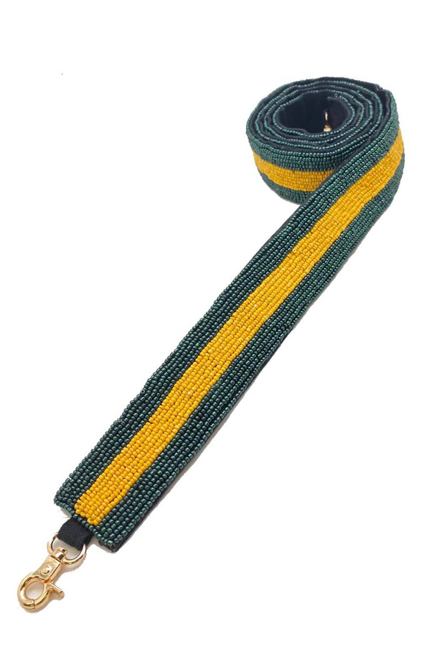 A Ole green and yellow striped Green/Yellow Beaded Guitar Bag Strap with a gold buckle.