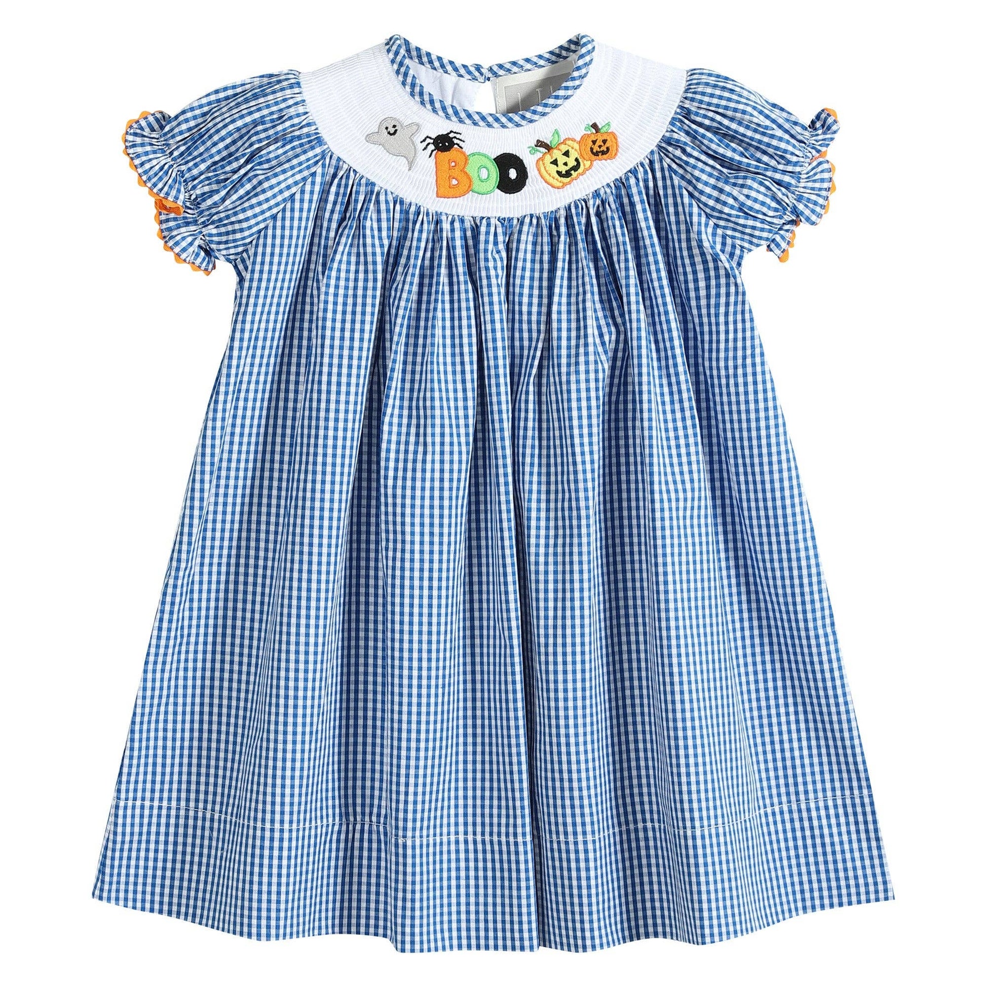 Blue Gingham Halloween Boo Smocked Bishop Dress     - Chickie Collective
