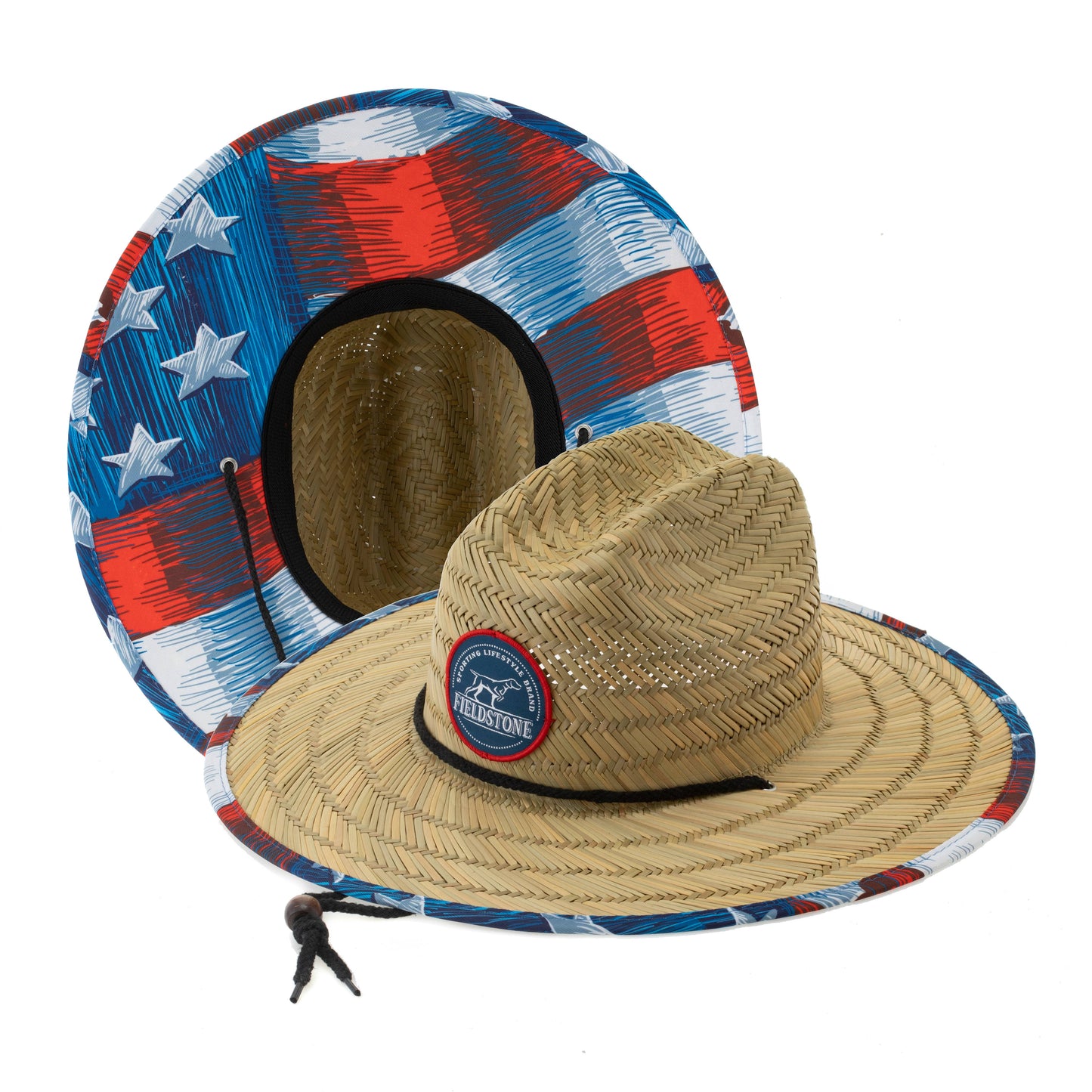 An Adult & Youth Straw Hat and a Fieldstone Outdoor Provisions Co. hat cover on a white background.