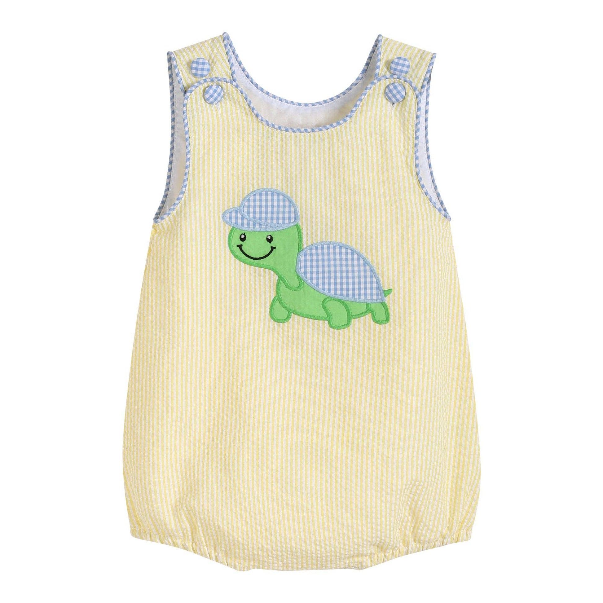 A Yellow Seersucker Turtle Baby Romper from Lil Cactus, both comfortable and cute.