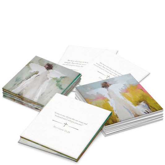 A bunch of Anne Neilson's Comfort Scripture Cards with a picture of a woman in a white dress.
