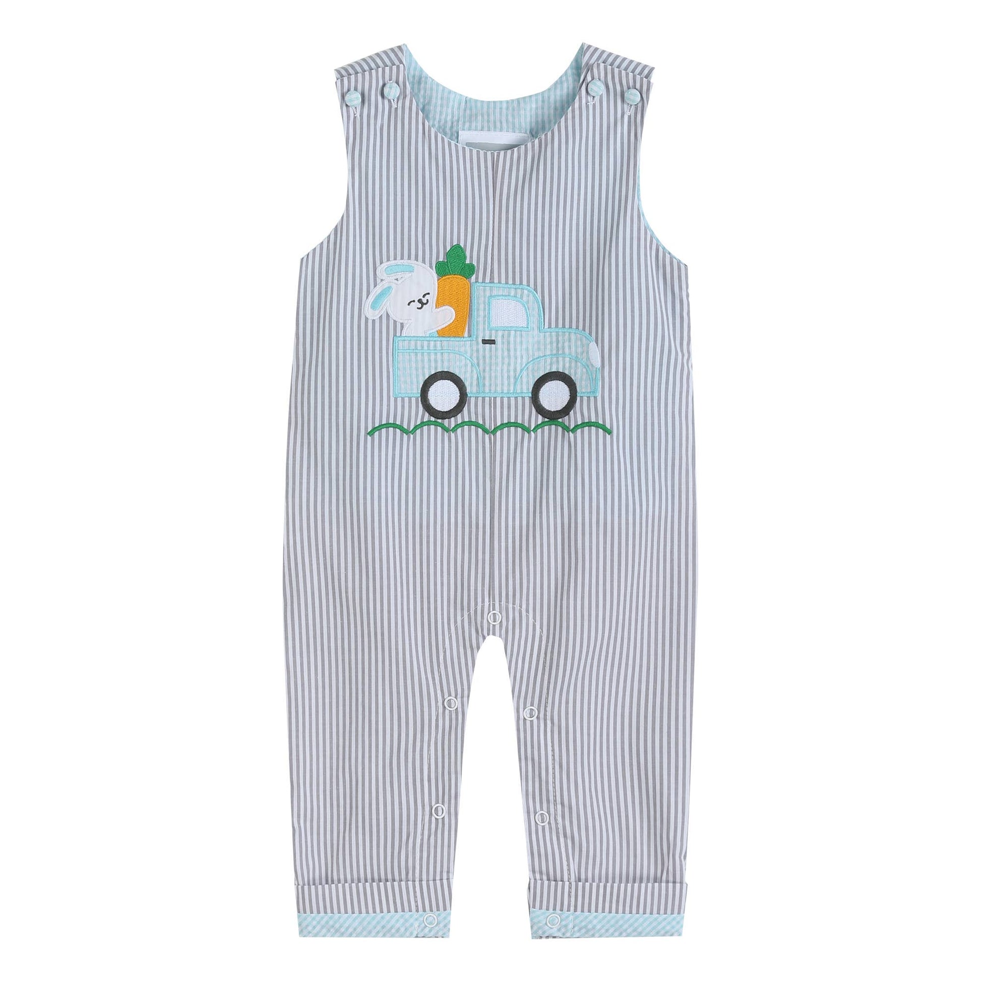 This adorable baby boy's romper features cute details, such as a Gray Striped Easter Bunny Truck Applique Overalls: 12-18M made from soft cotton fabric, by Lil Cactus.