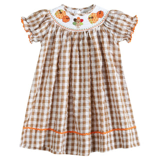 Light Brown Gingham Pumpkin Turkey Smocked Bishop Dress     - Chickie Collective