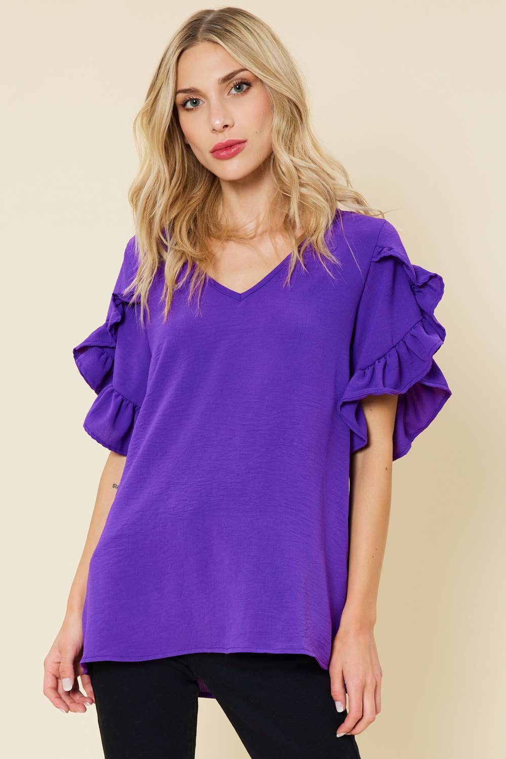 Purple |  Ruffled Tulip Sleeve V-Neck Top     - Chickie Collective