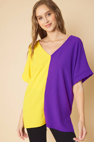 COLOR BLOCK V NECK AIR FLOW SHORT SLEEVE WOVEN TOP Women's Top    - Chickie Collective