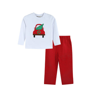 White Christmas Tree Truck Shirt and Red Pants Set Kids clothes    - Chickie Collective