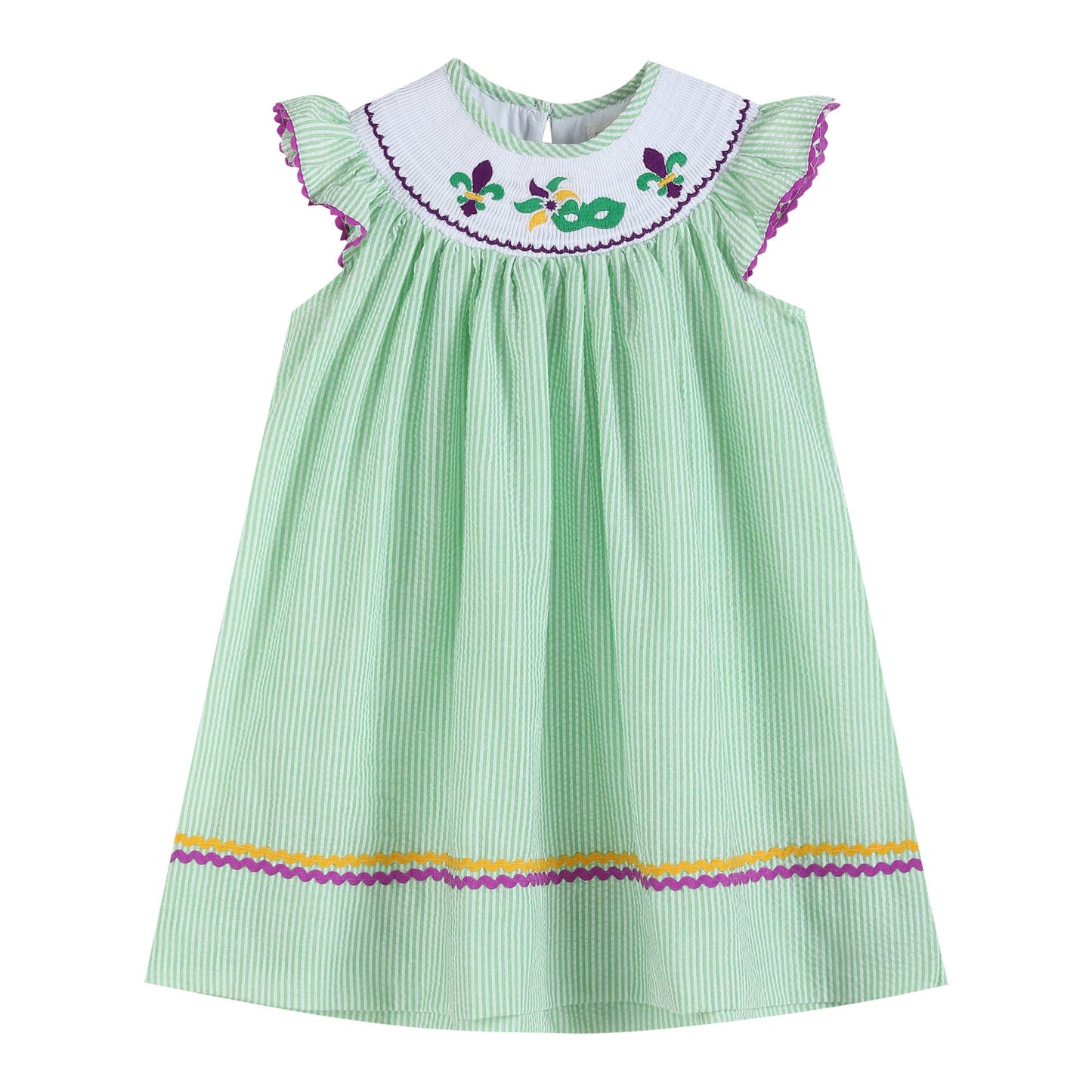 A Lil Cactus Green and Purple Mardi Gras Smocked Bishop Dress with a flower on it.