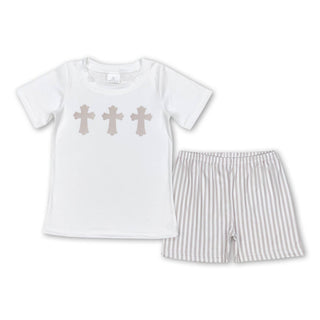 Cross White Shirt Khaki Stripe Shorts | Boy Outfit     - Chickie Collective