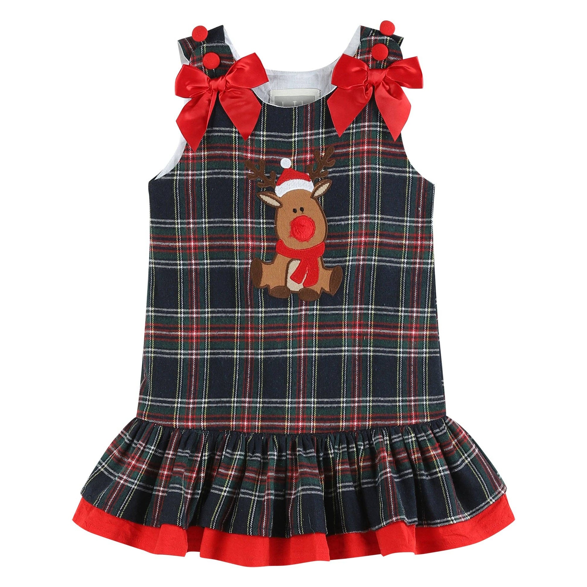 A Navy and Red Plaid Reindeer Ruffle Dress: 3-6M by Lil Cactus, perfect for Christmas.
