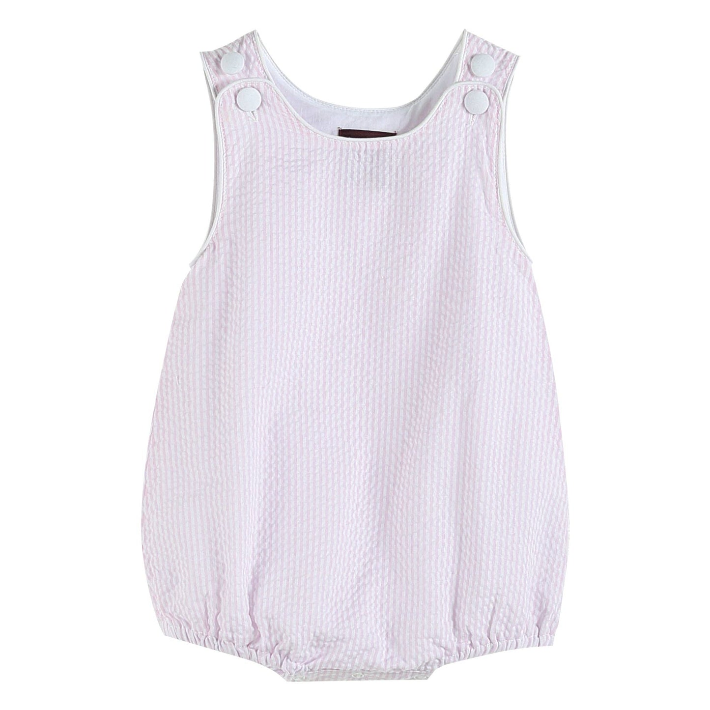 A Classic Pink Seersucker Bubble Romper with buttons on the front by Lil Cactus.