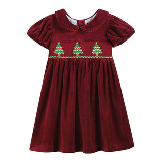 Red Velour Christmas Tree Smocked Dress: Girls Dress - Chickie Collective
