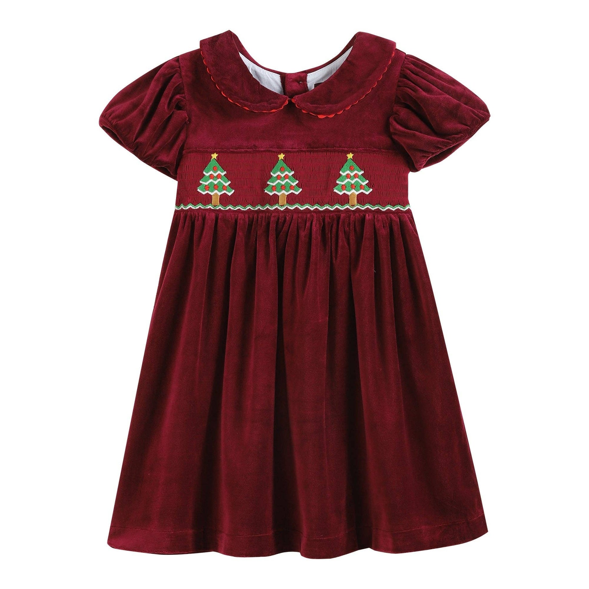Maroon velvet Christmas tree smocked dress from Lil Cactus has been replaced with the Red Velour Christmas Tree Smocked Dress: 12-18M from Lil Cactus.