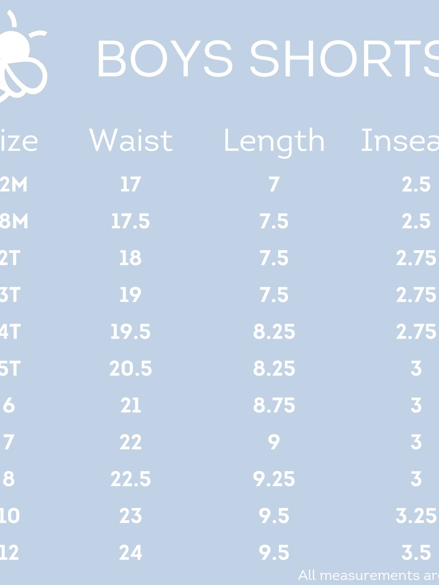 A baby's height chart for Sugar Bee Clothing's Chambray Boys Shorts.