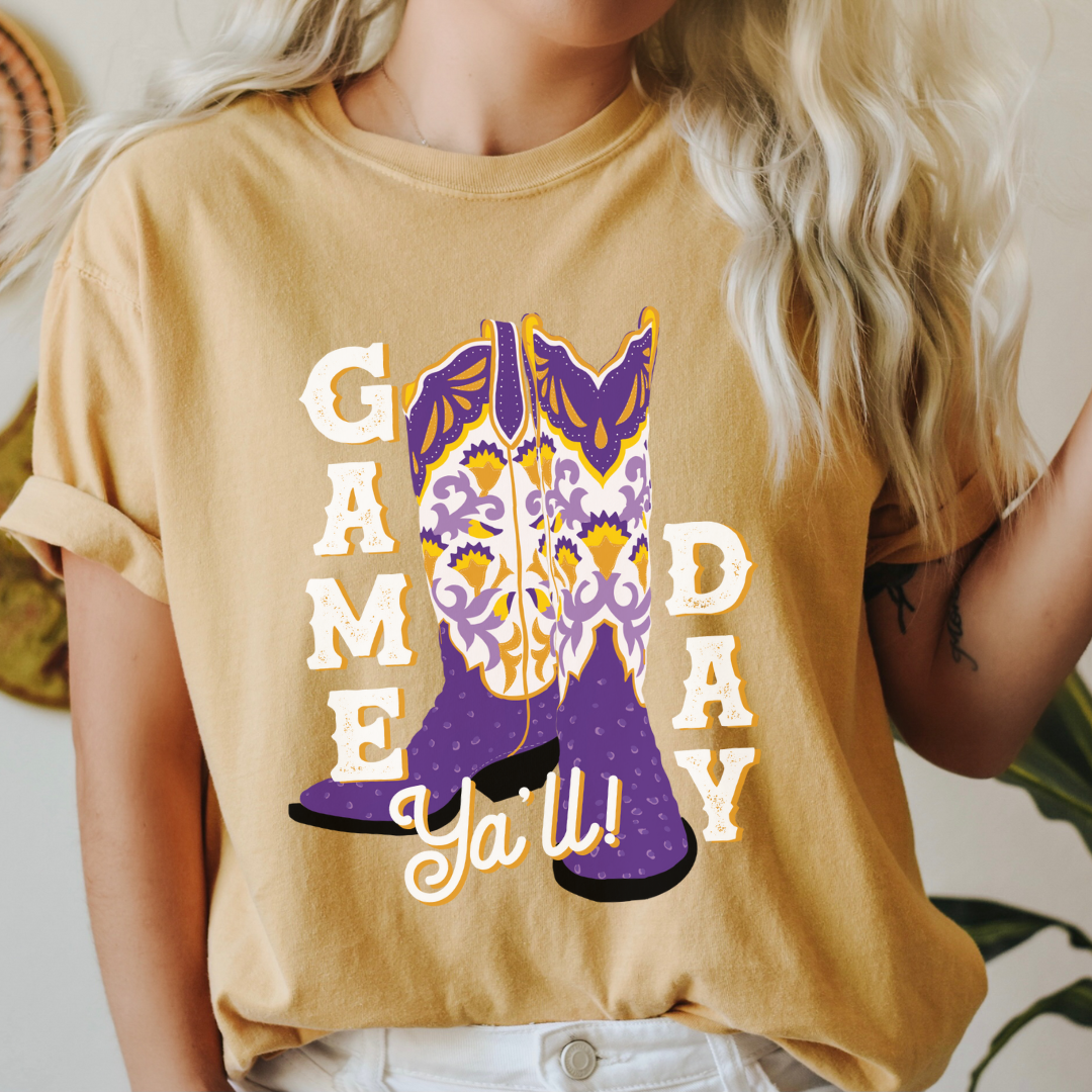 A woman wearing a t-shirt that says LSU Tigers Game Day Ya'll Boots *Custom available!* by Pink House On River Road.