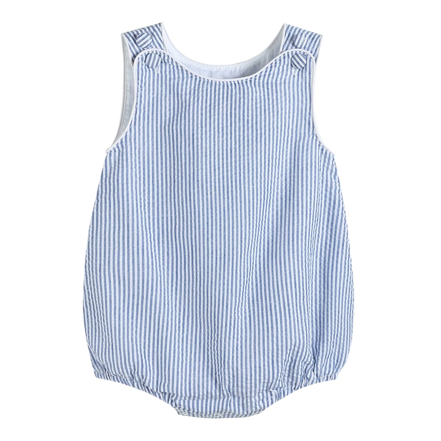 A baby boy's Classic Dark Blue Seersucker Baby Bubble Romper: 3-6M with blue and white stripes, featuring delicate embroidery by Lil Cactus.