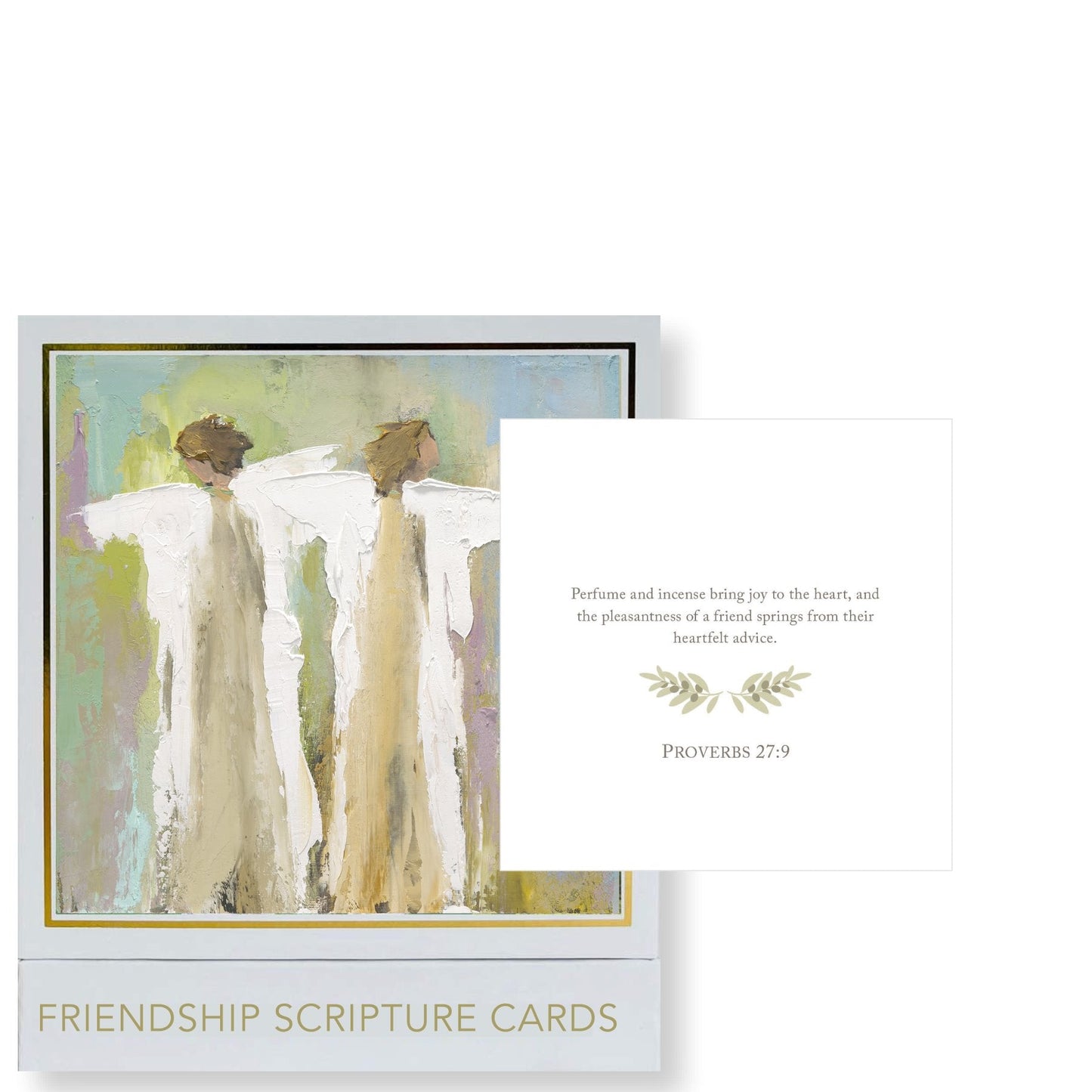 A Friendship Scripture Card with a painting of two women holding hands by Anne Neilson.