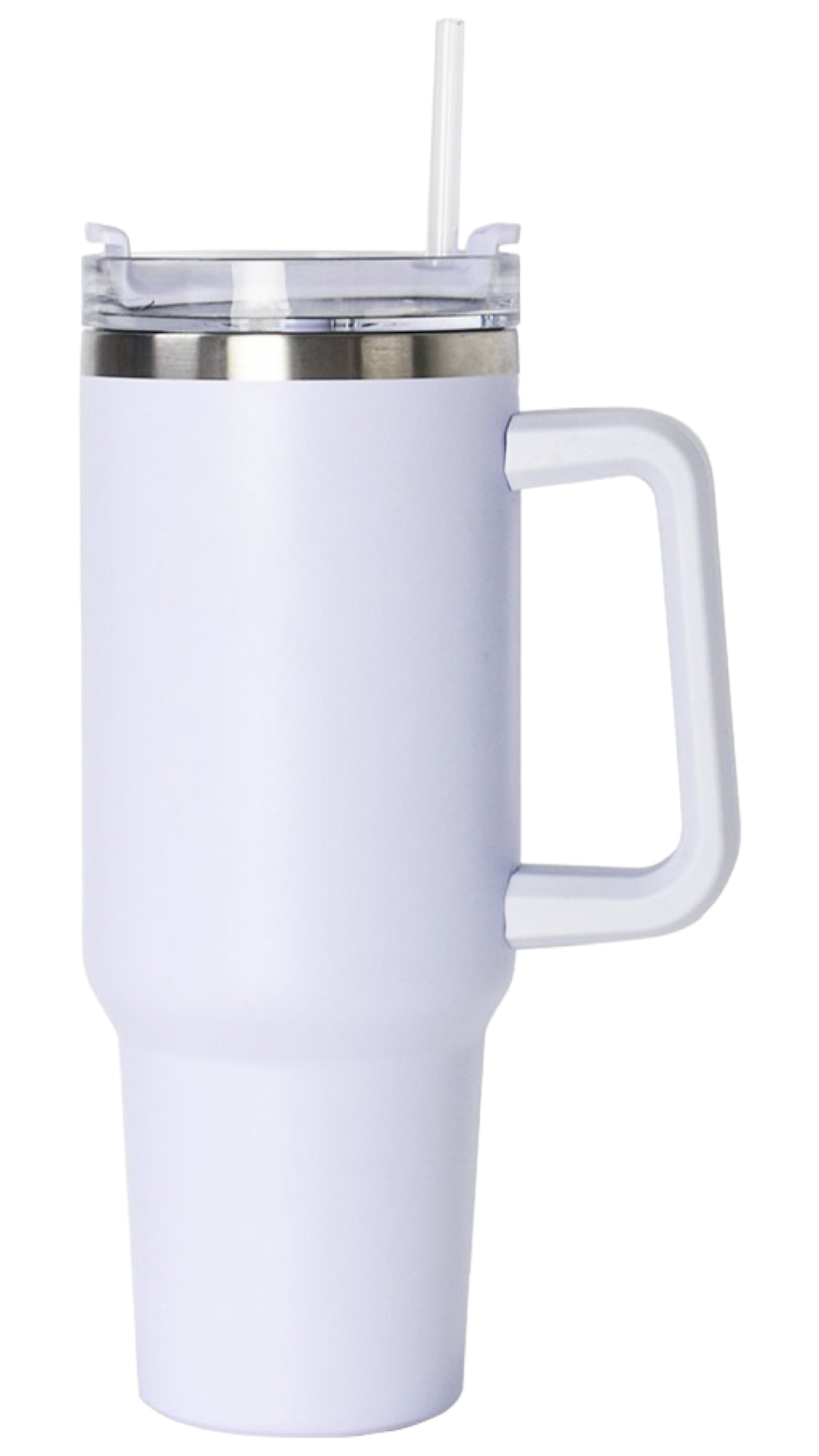 A white Hotline Wholesale 40oz Stainless Tumbler with Handle with a straw in it.