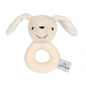 A Maison Chic London Bridge Plush Rattle with a tag on its ear.