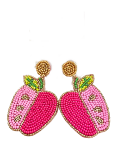A pair of Beaded Earrings - Pink Apple by Camel Threads with a strawberry on it.