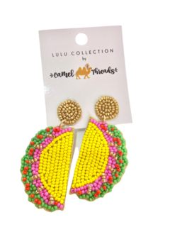 A pair of yellow and green Taco beaded earrings by Camel Threads.